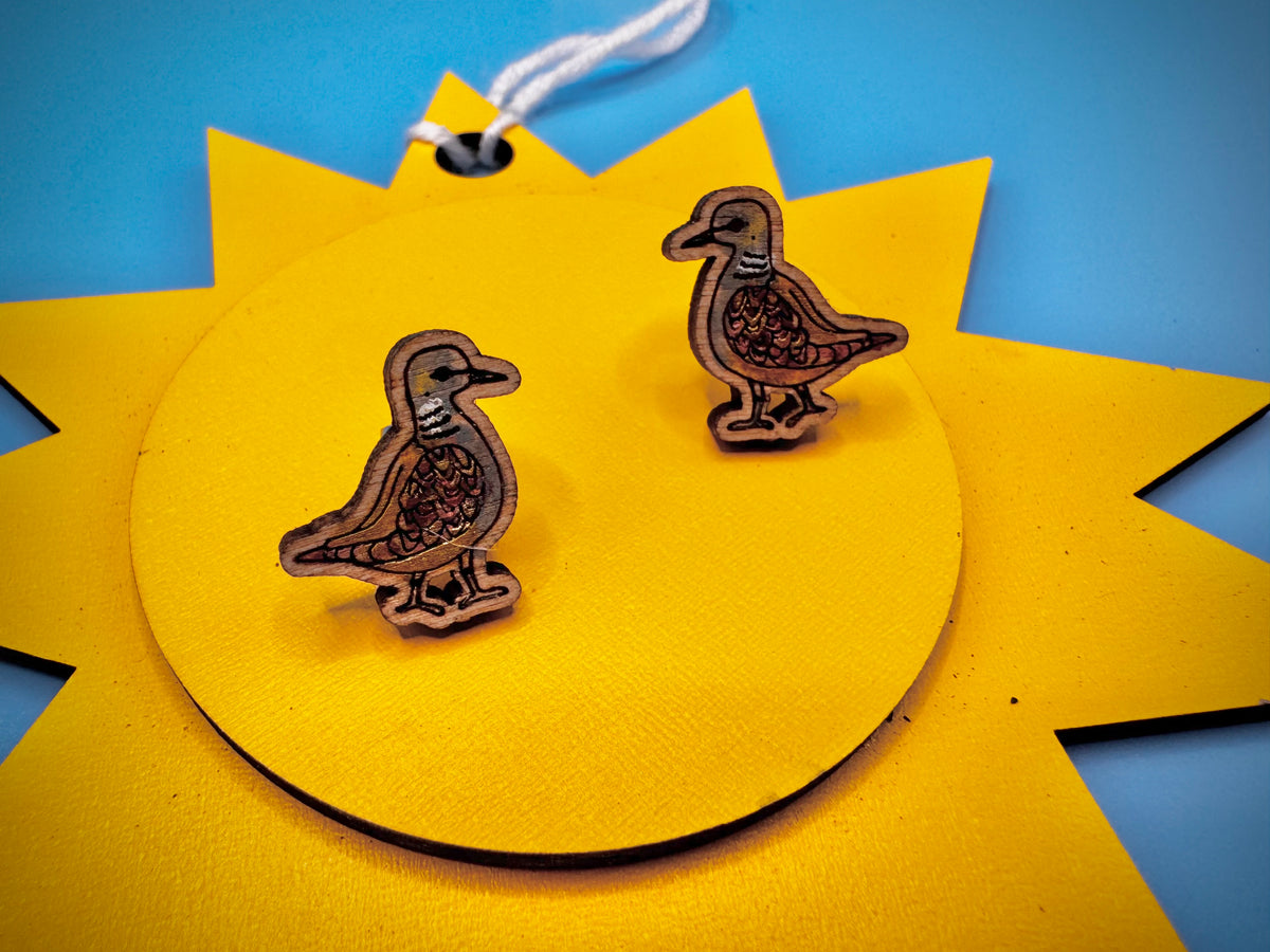 Tilly the Turtle Dove - hand drawn, laser cut, stud earrings.