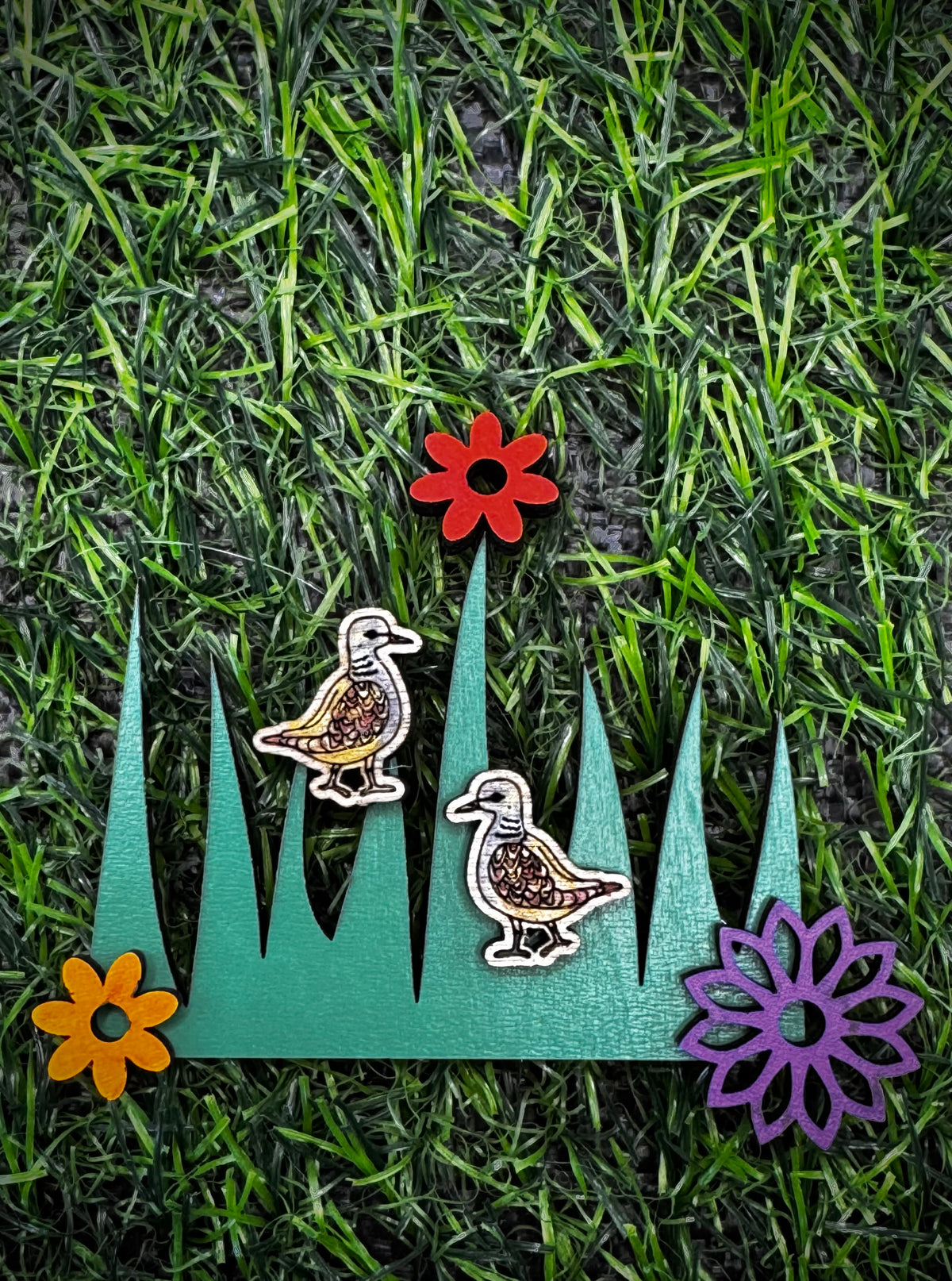 Tilly the Turtle Dove - hand drawn, laser cut, stud earrings.