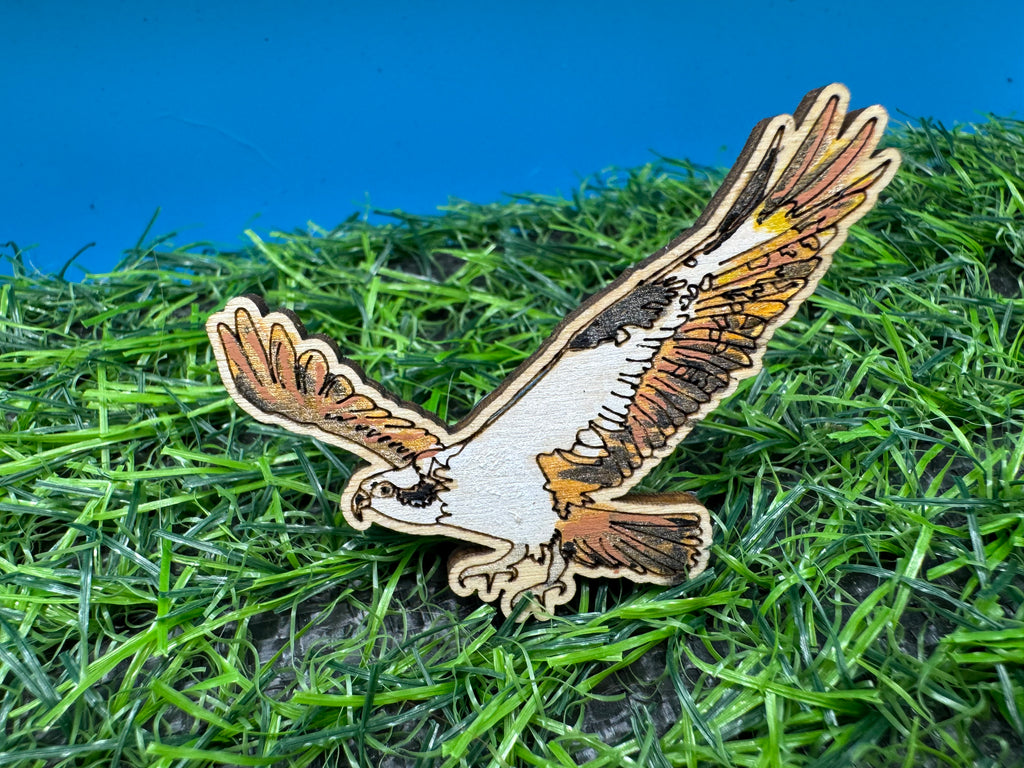 Nora the Osprey - hand drawn laser cut wood pin badge