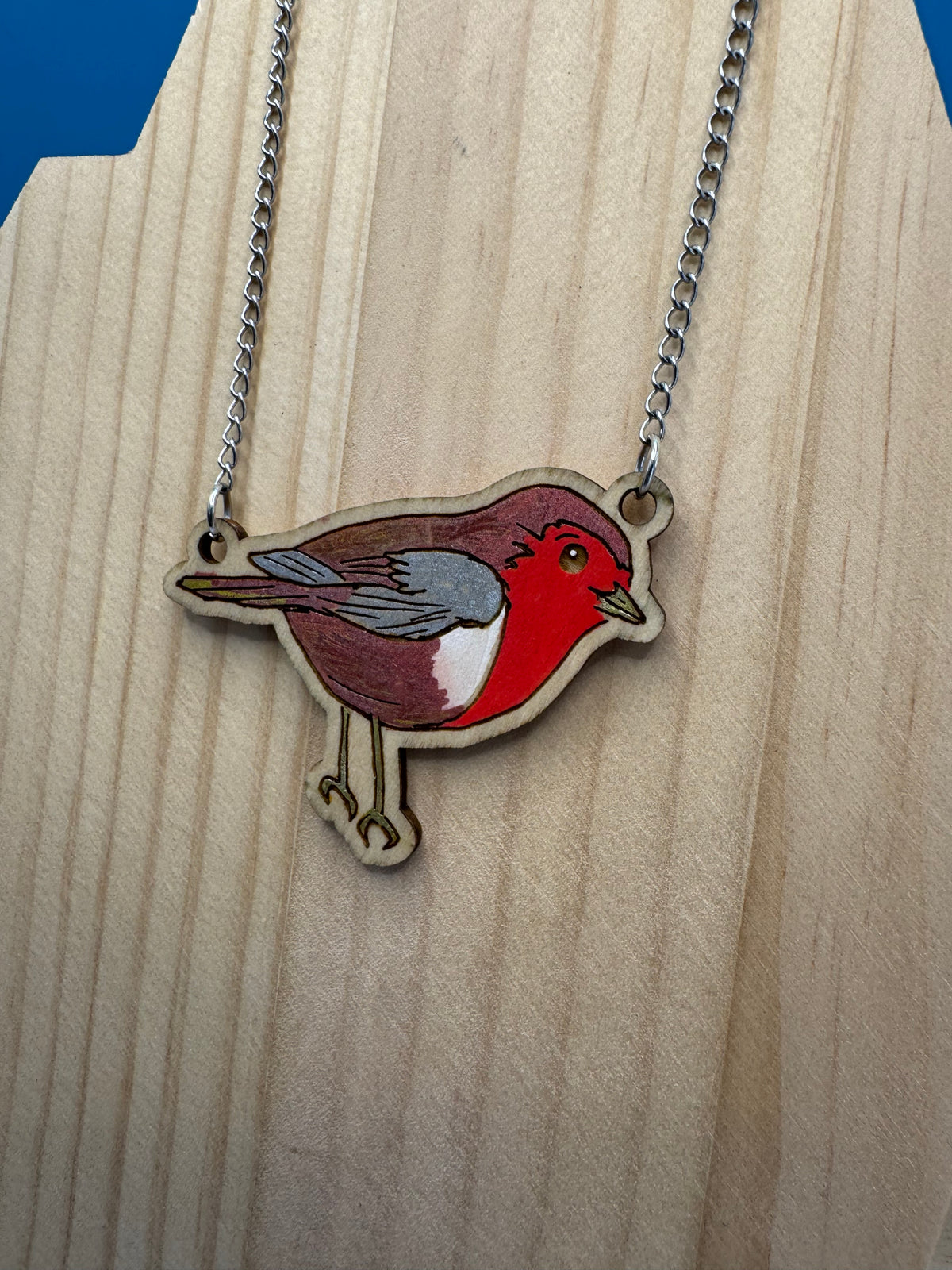 Robyn the Robin - hand drawn, laser cut, wood necklace
