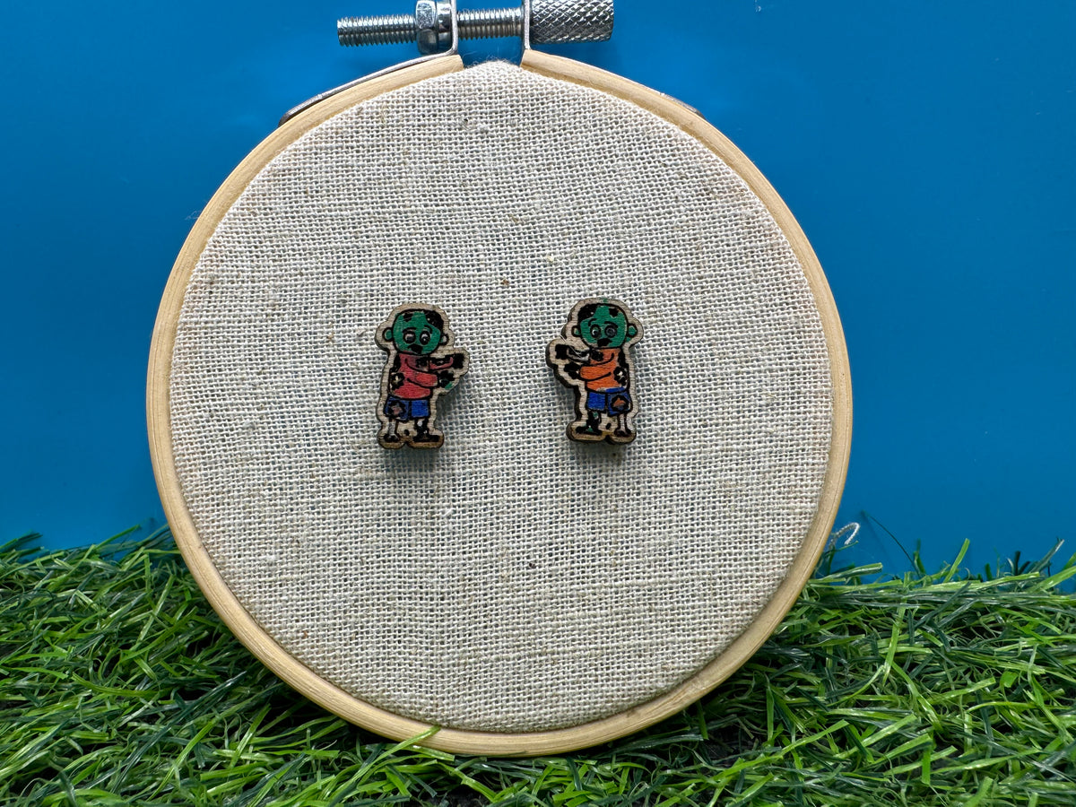 Sean, the (not quite dead yet) Zombie ! Hand Drawn Laser Cut Wooden Halloween Earrings