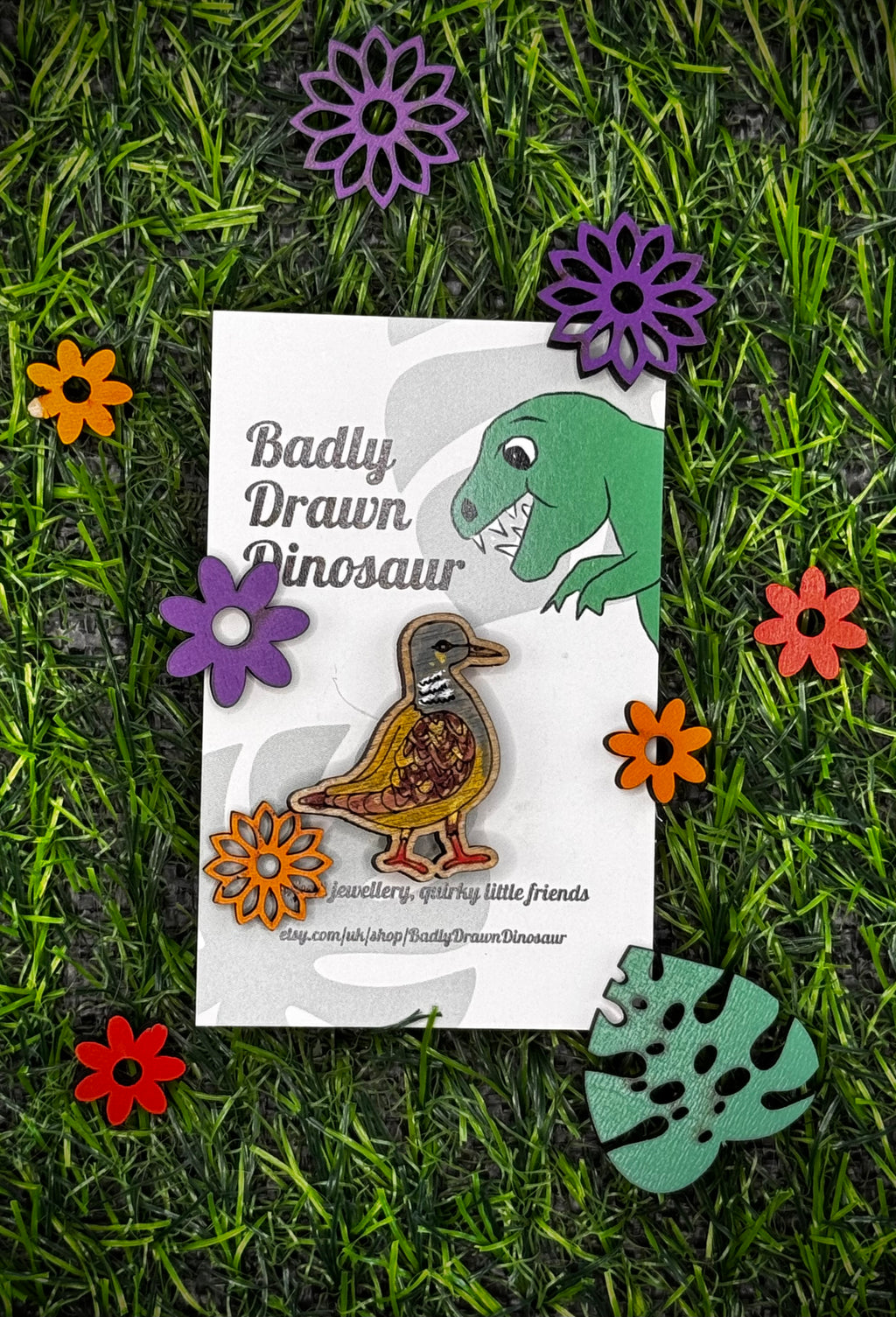 Tilly the Turtle Dove - hand drawn, laser cut, pin badge