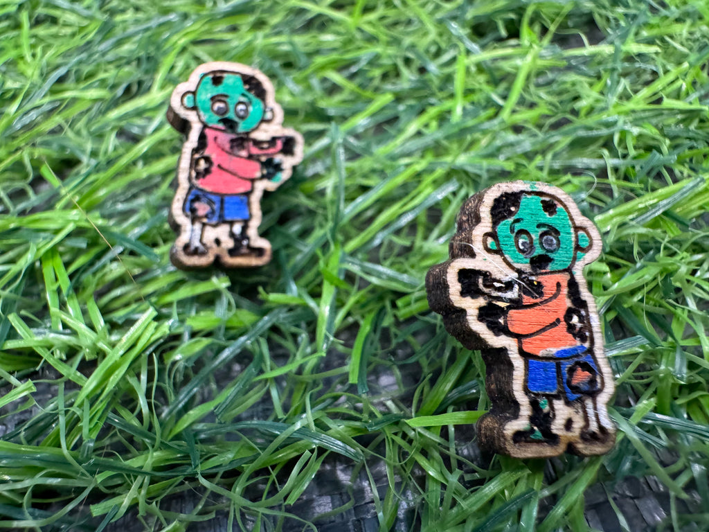 Sean, the (not quite dead yet) Zombie ! Hand Drawn Laser Cut Wooden Halloween Earrings