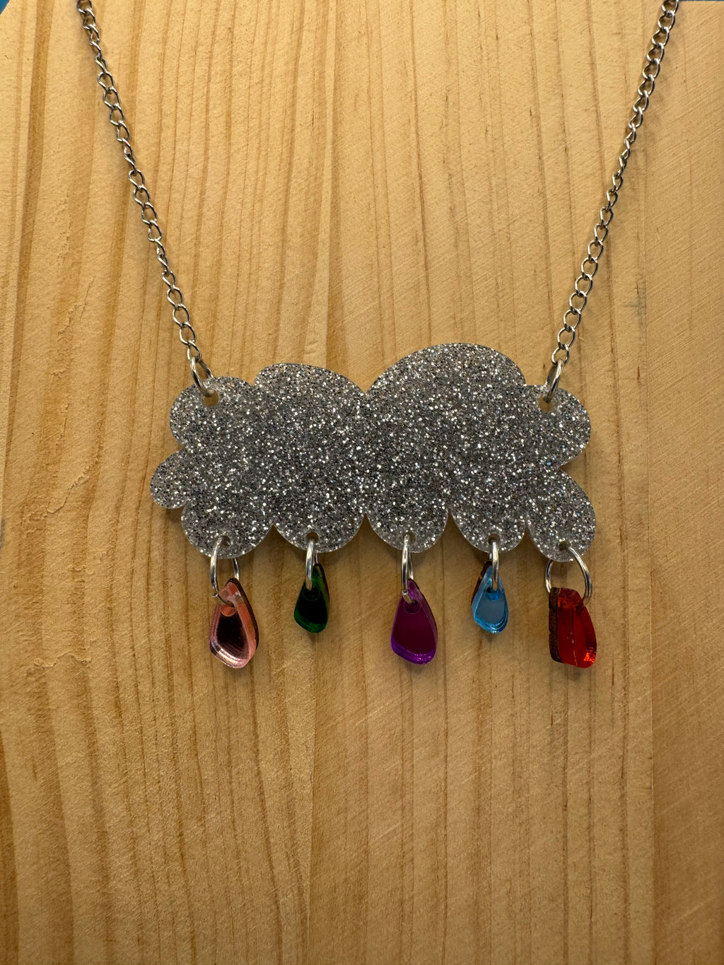Raining Rainbows - hand drawn, laser cut, glitter and mirror acrylic necklace