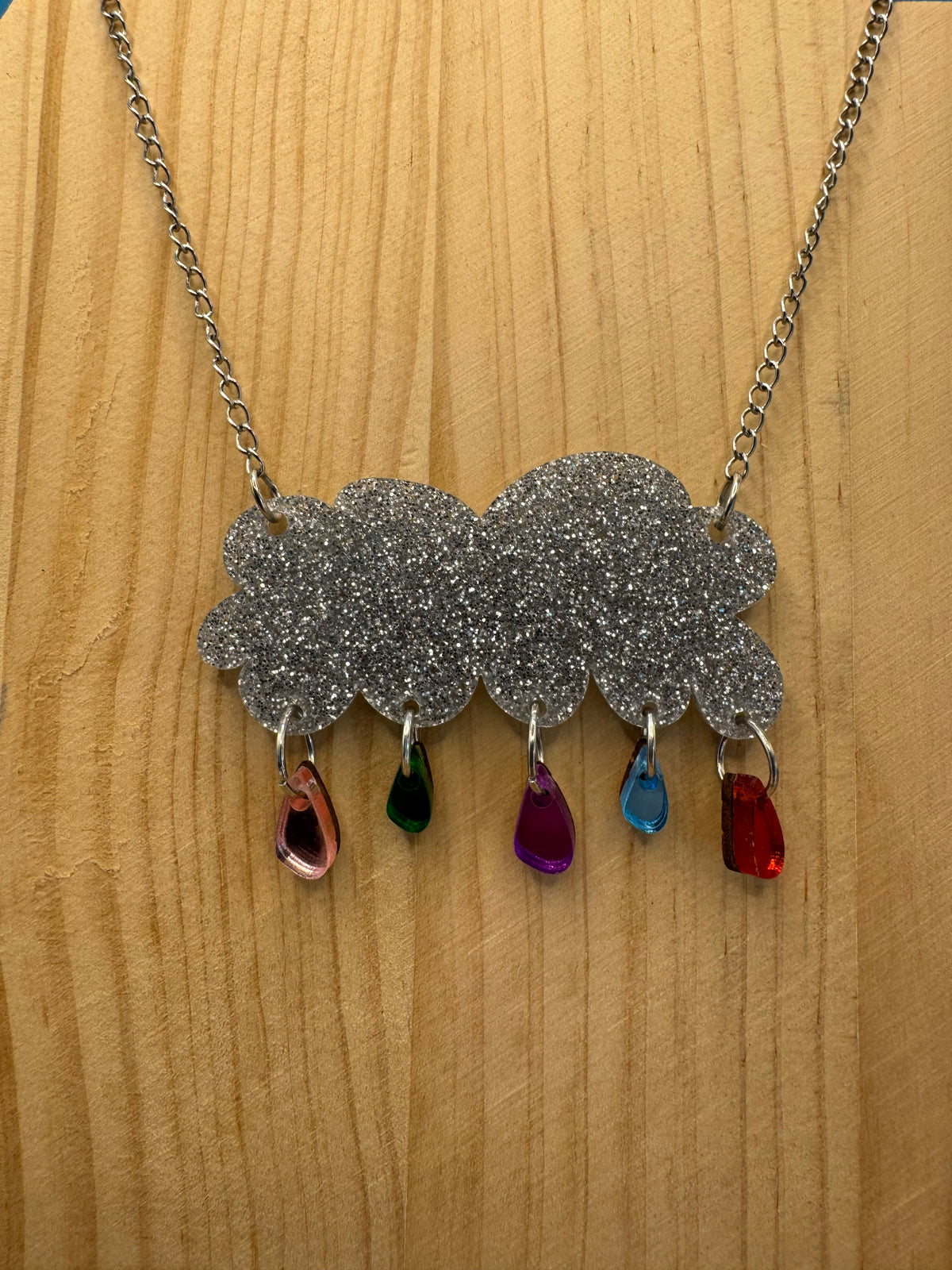 Raining Rainbows - hand drawn, laser cut, glitter and mirror acrylic necklace