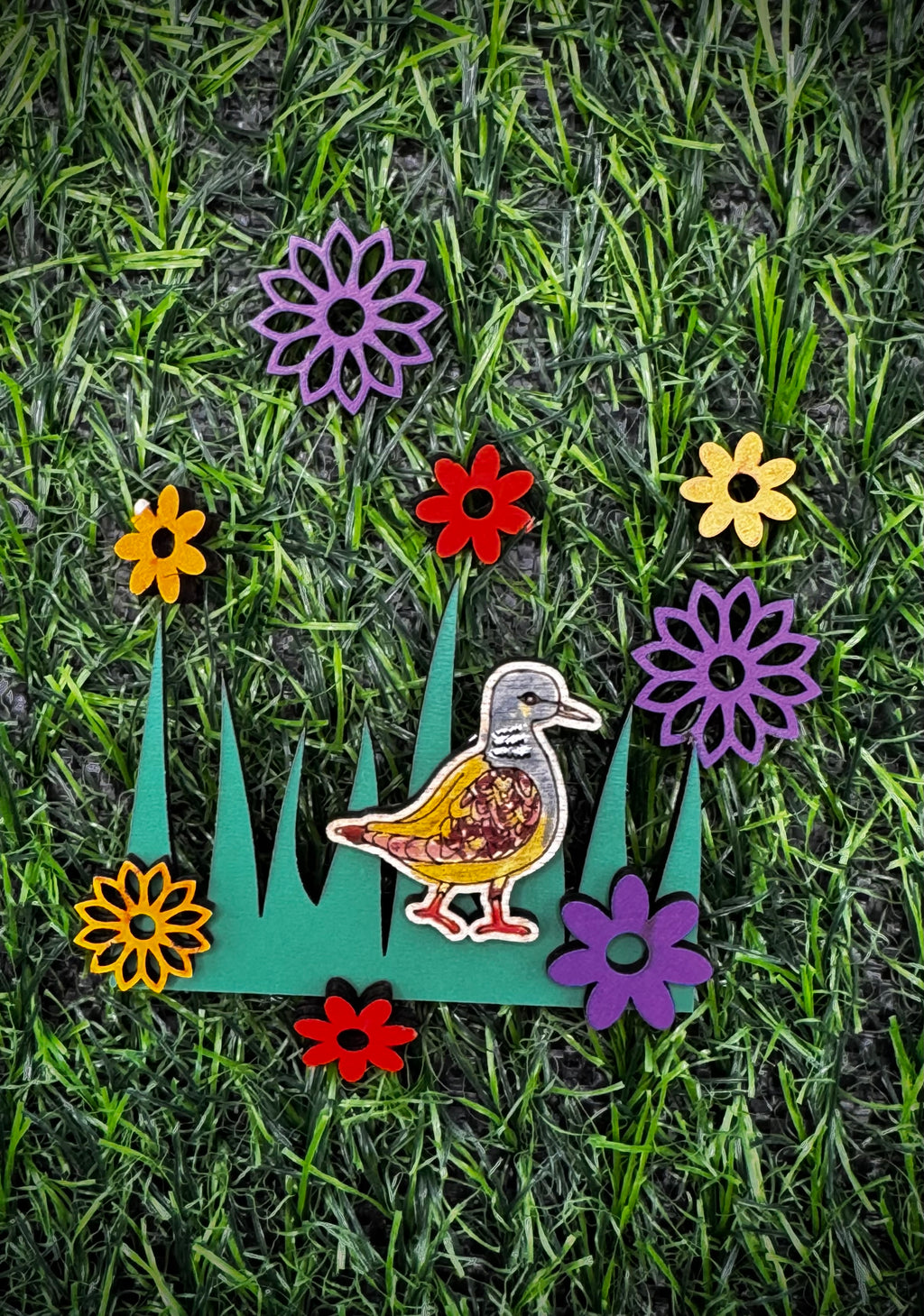 Tilly the Turtle Dove - hand drawn, laser cut, pin badge