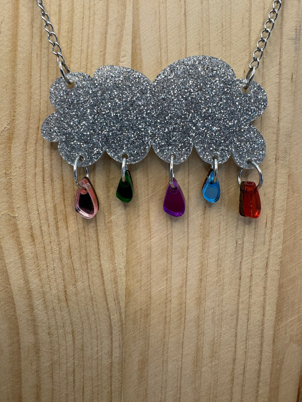 Raining Rainbows - hand drawn, laser cut, glitter and mirror acrylic necklace