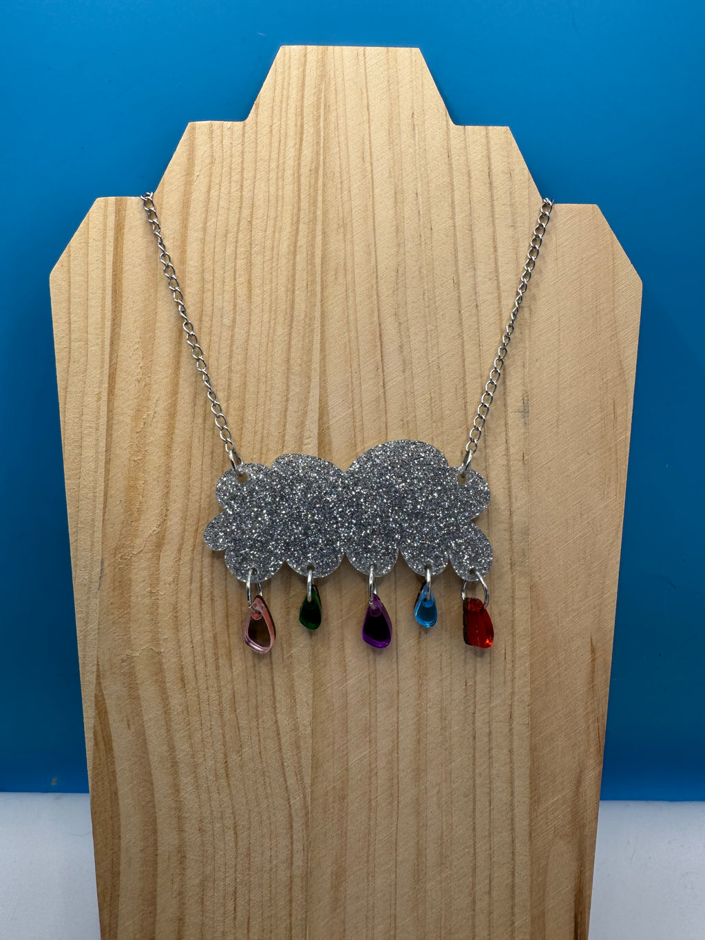 Raining Rainbows - hand drawn, laser cut, glitter and mirror acrylic necklace