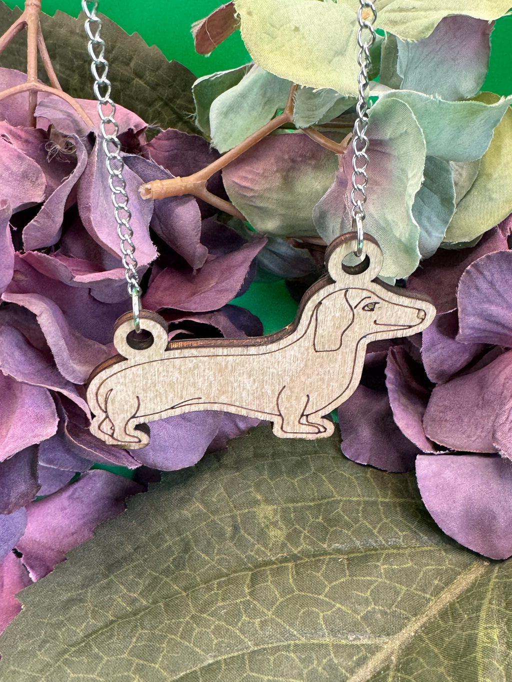 Jeremy the Dachshund natural hand-drawn wooden necklace