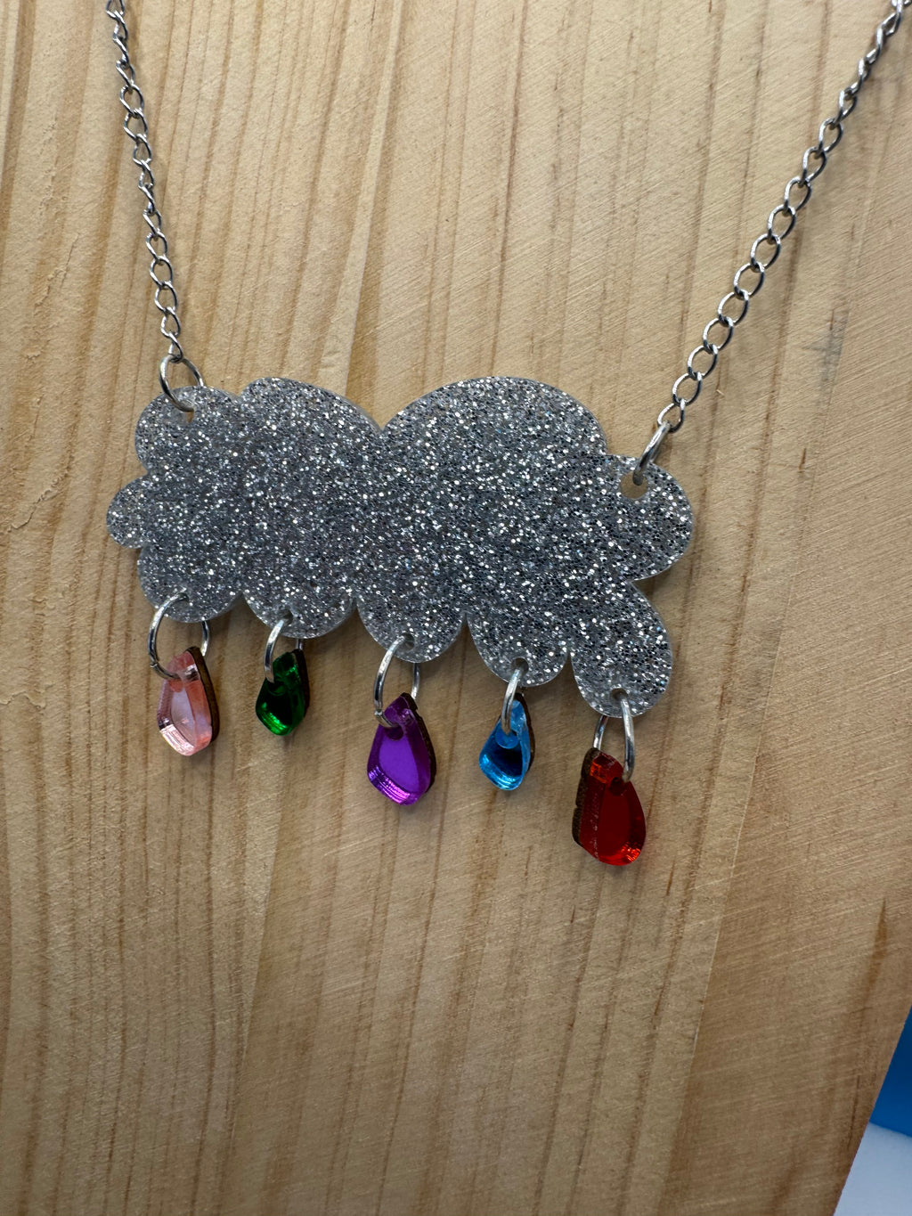 Raining Rainbows - hand drawn, laser cut, glitter and mirror acrylic necklace