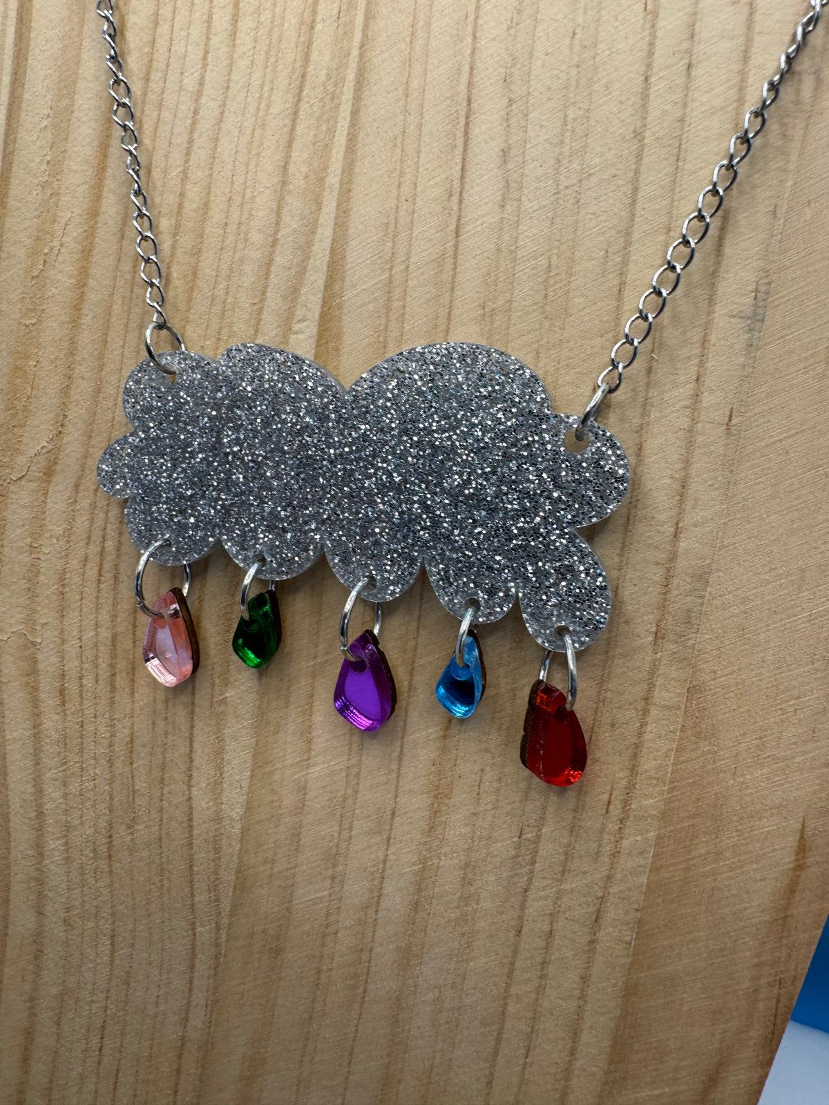 Raining Rainbows - hand drawn, laser cut, glitter and mirror acrylic necklace