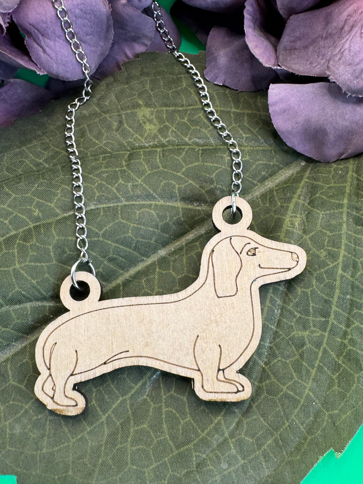 Jeremy the Dachshund natural hand-drawn wooden necklace