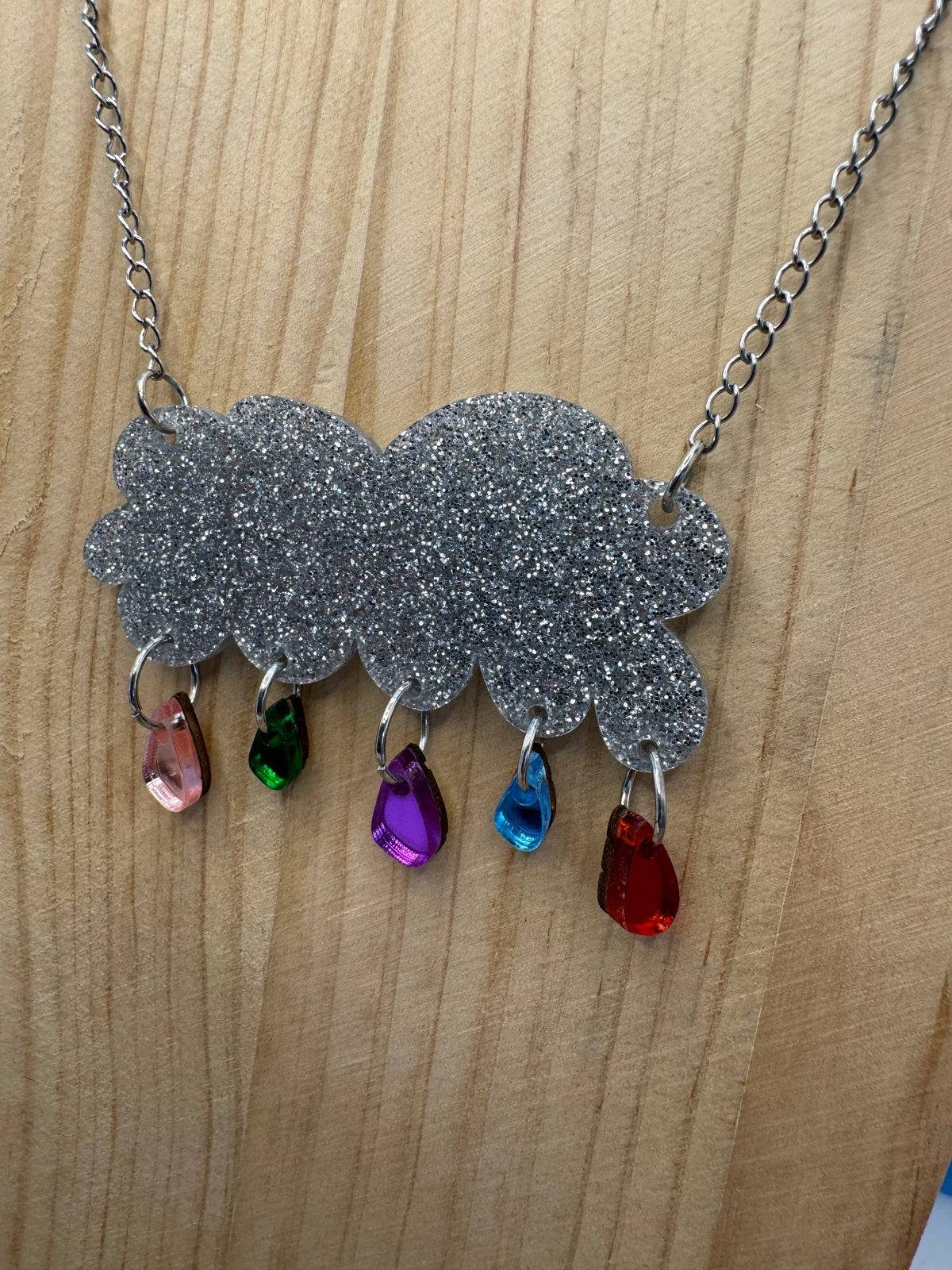 Raining Rainbows - hand drawn, laser cut, glitter and mirror acrylic necklace
