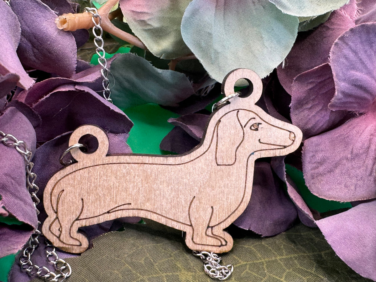 Jeremy the Dachshund natural hand-drawn wooden necklace