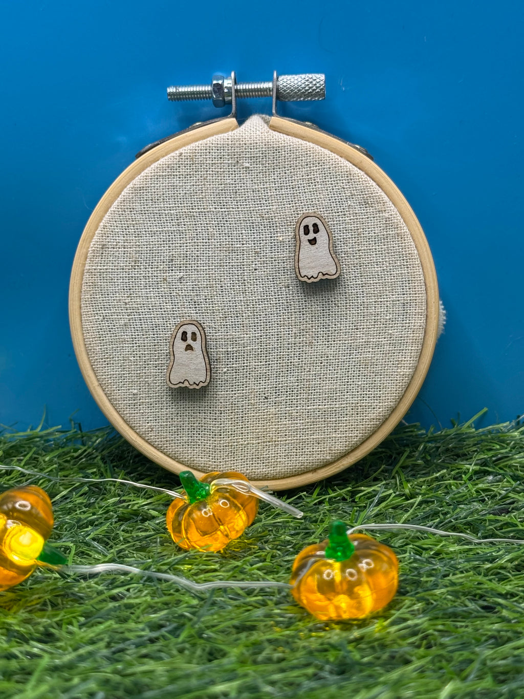 Casper, the (sometimes friendly) Ghost! Hand Drawn Laser Cut Wooden Halloween Stud Earrings