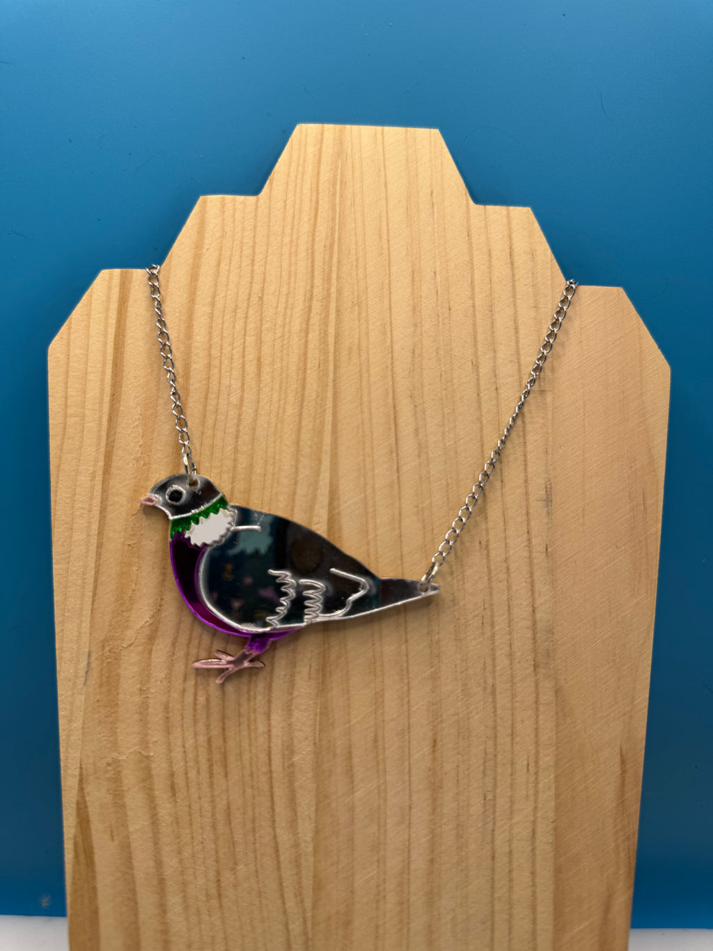 Jimmy the Pidge - hand drawn, laser cut, mirror acrylic necklace