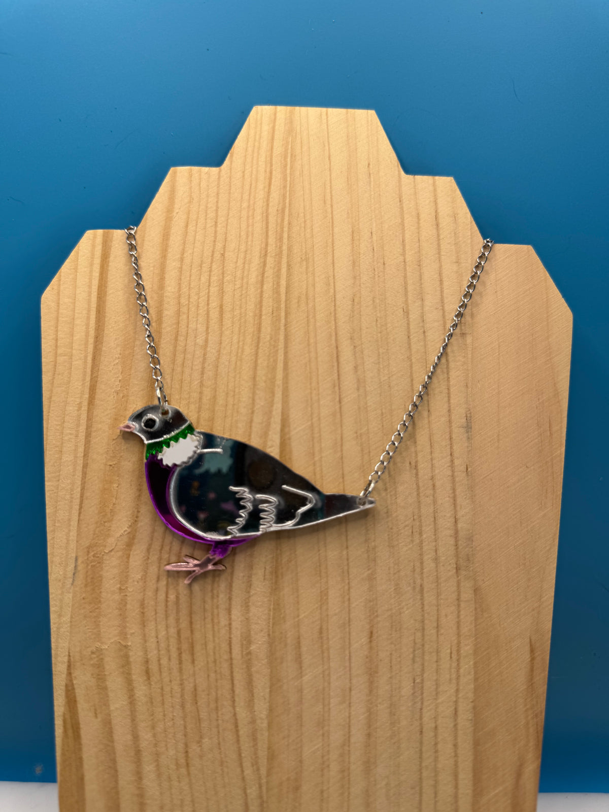 Jimmy the Pidge - hand drawn, laser cut, mirror acrylic necklace
