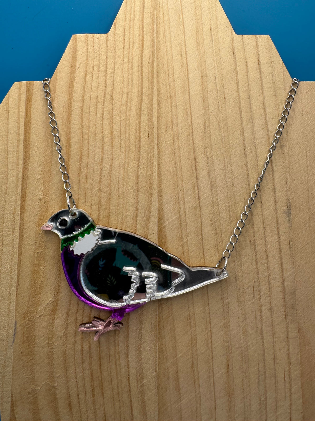 Jimmy the Pidge - hand drawn, laser cut, mirror acrylic necklace