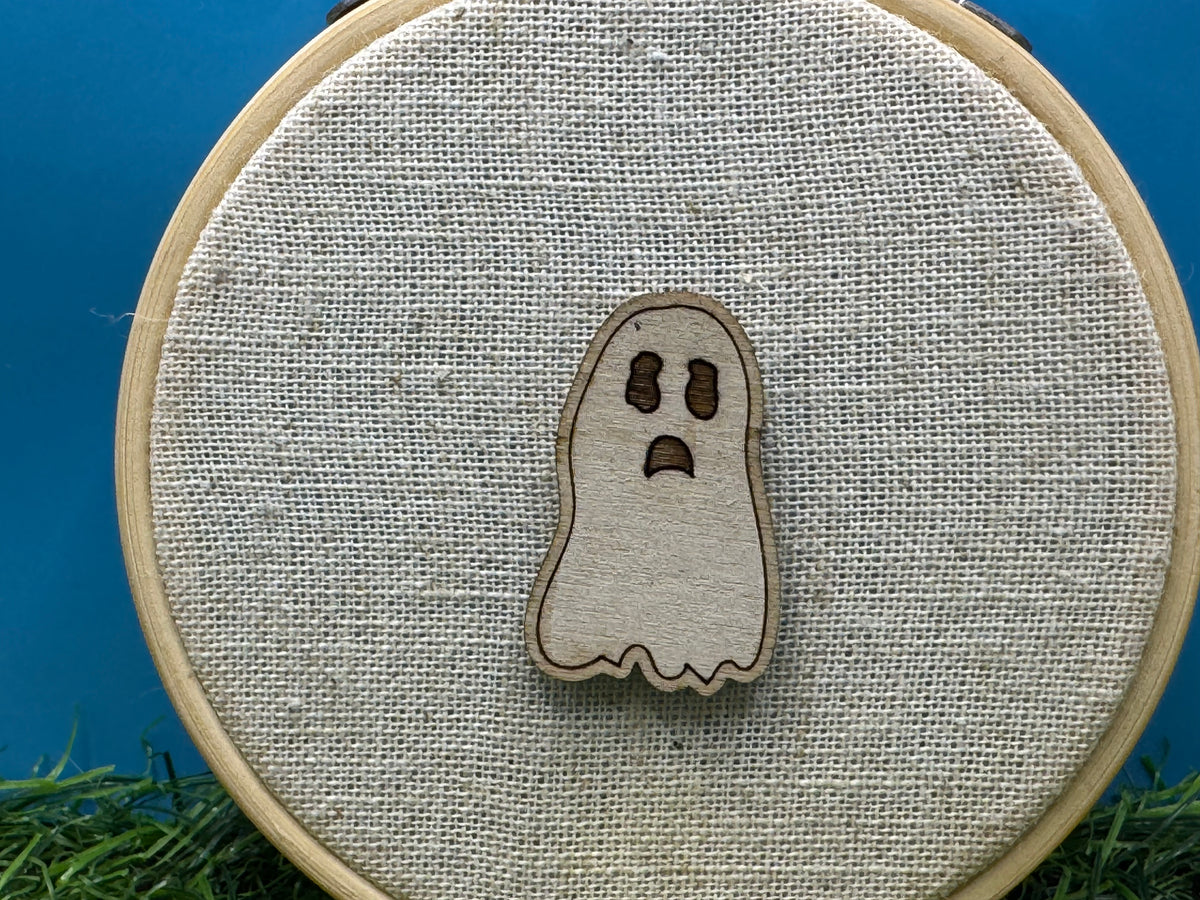 Casper, the (sometimes friendly) Ghost! Hand Drawn Laser Cut Wooden Halloween Pin Badge (Copy)