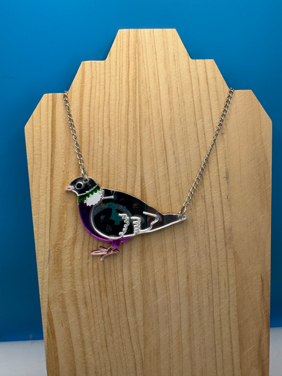 Jimmy the Pidge - hand drawn, laser cut, mirror acrylic necklace