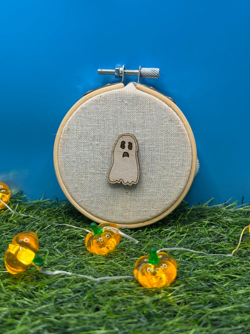 Casper, the (sometimes friendly) Ghost! Hand Drawn Laser Cut Wooden Halloween Pin Badge (Copy)