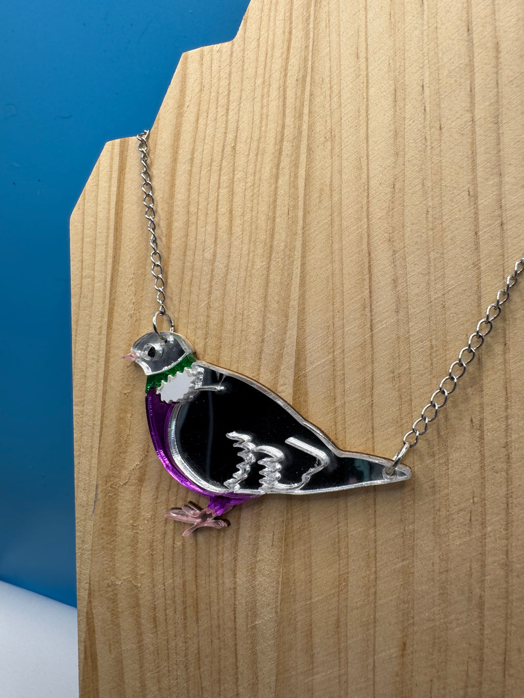 Jimmy the Pidge - hand drawn, laser cut, mirror acrylic necklace