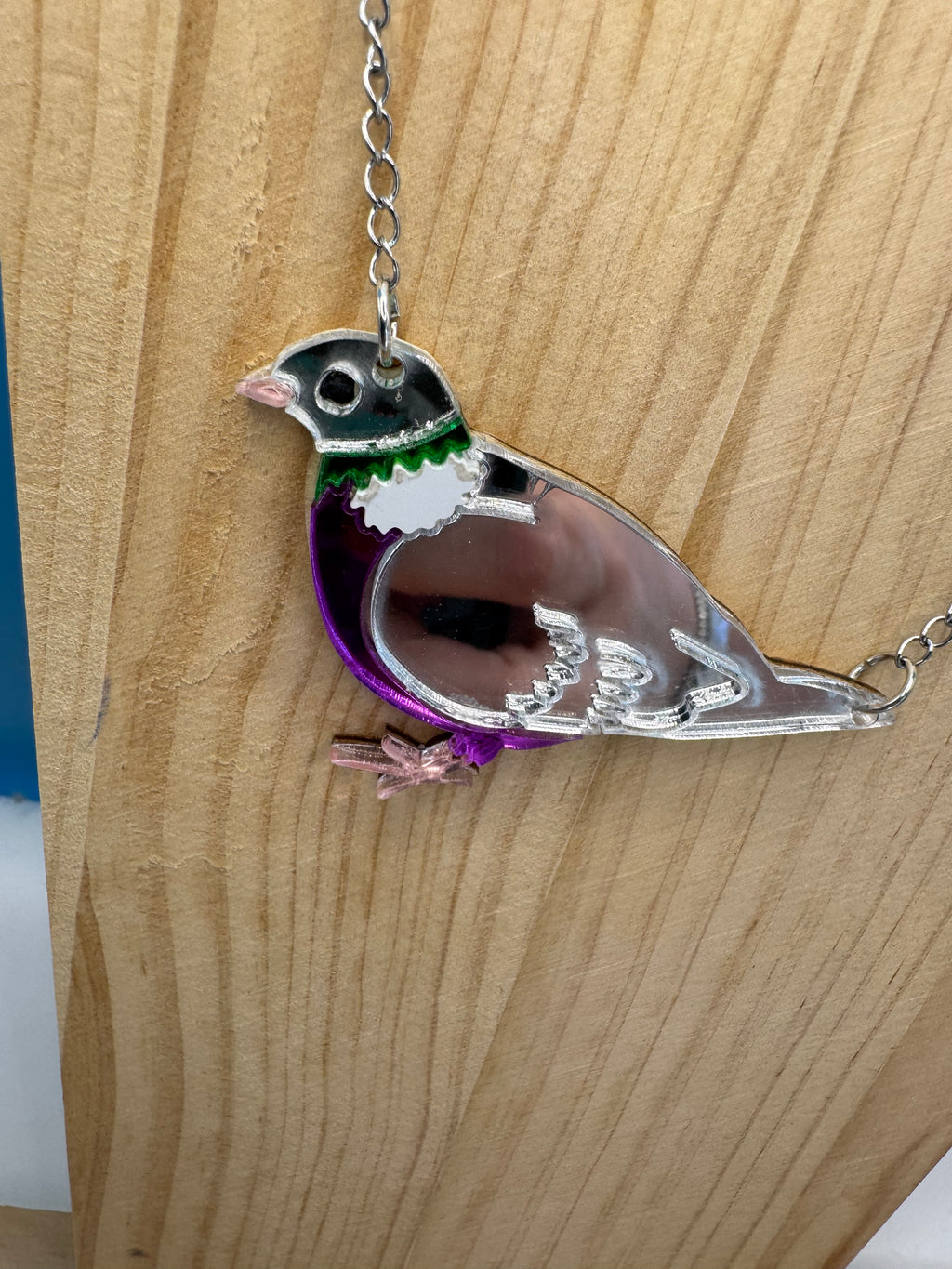 Jimmy the Pidge - hand drawn, laser cut, mirror acrylic necklace
