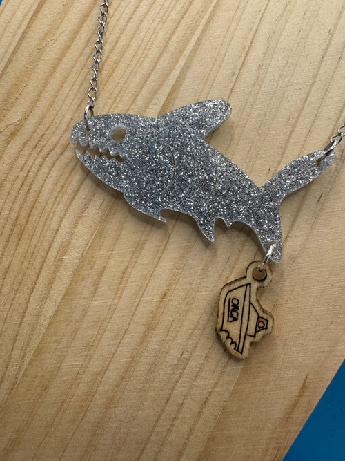 Bruce and The Orca - hand drawn, laser cut, wood and acrylic necklace