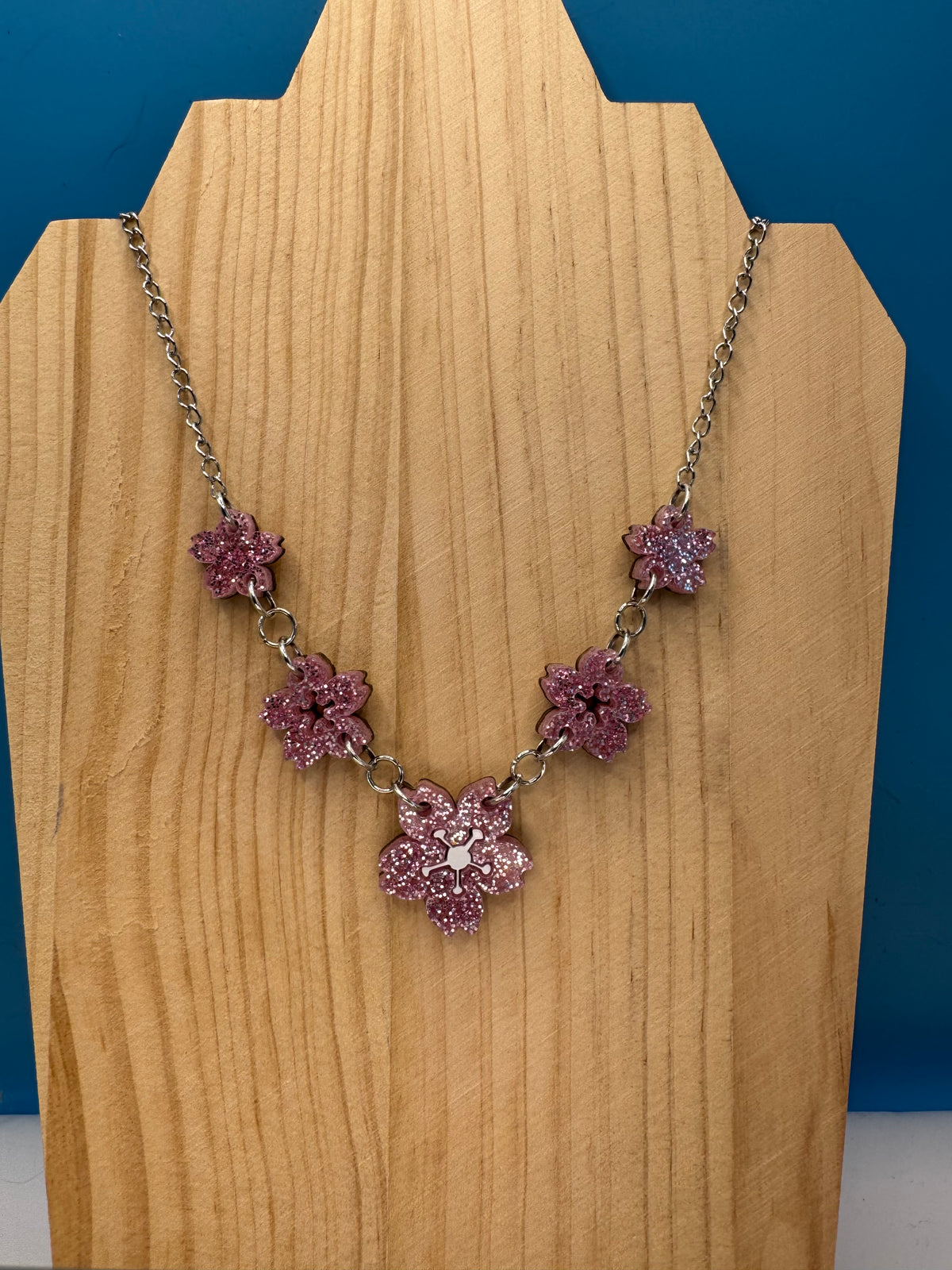 Cherry Blossom - hand drawn, laser cut, glitter acrylic necklace
