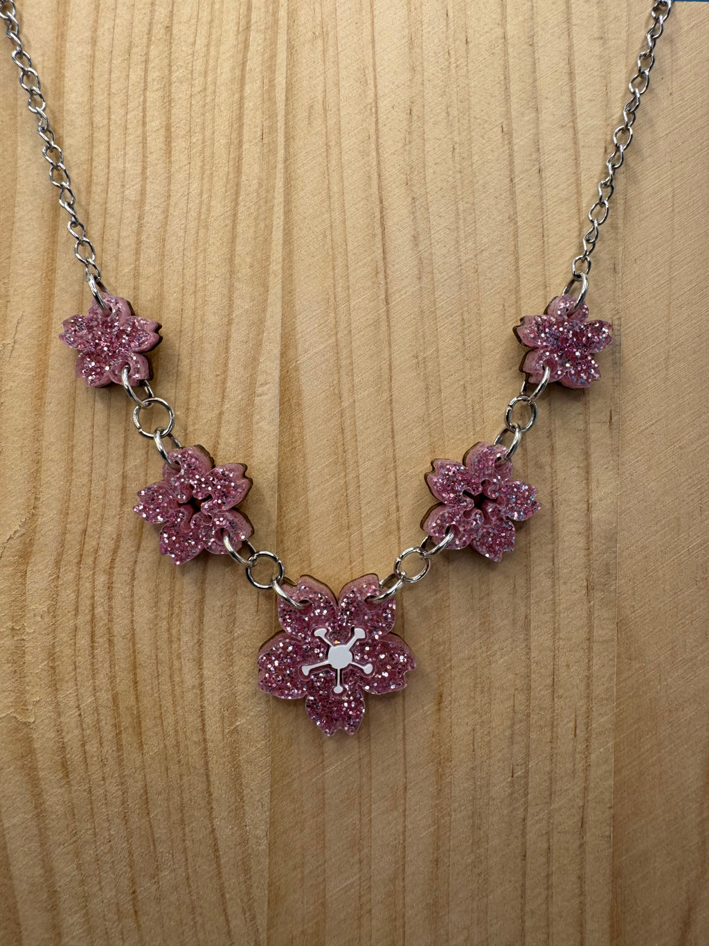 Cherry Blossom - hand drawn, laser cut, glitter acrylic necklace