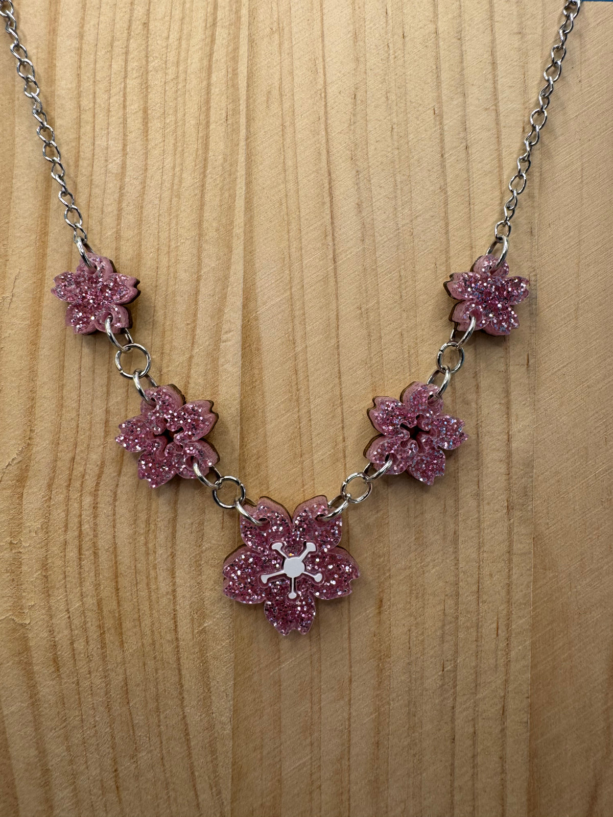 Cherry Blossom - hand drawn, laser cut, glitter acrylic necklace