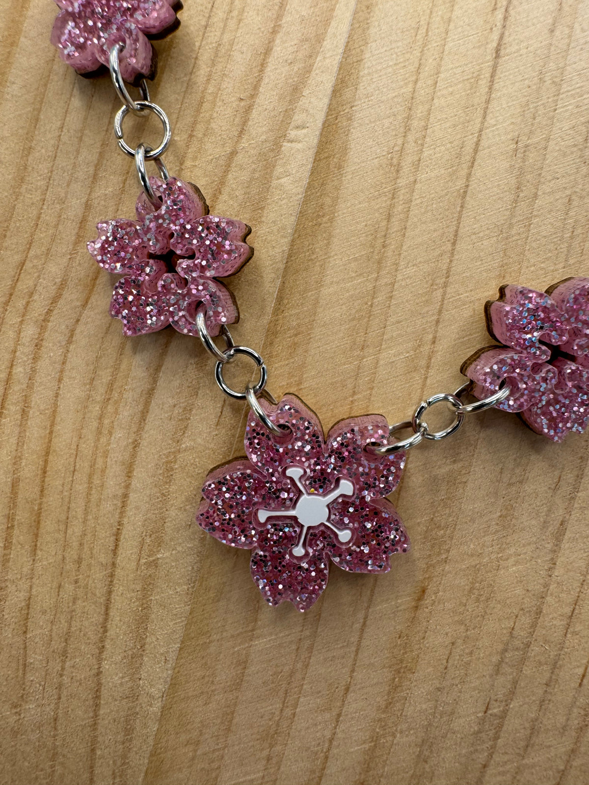 Cherry Blossom - hand drawn, laser cut, glitter acrylic necklace