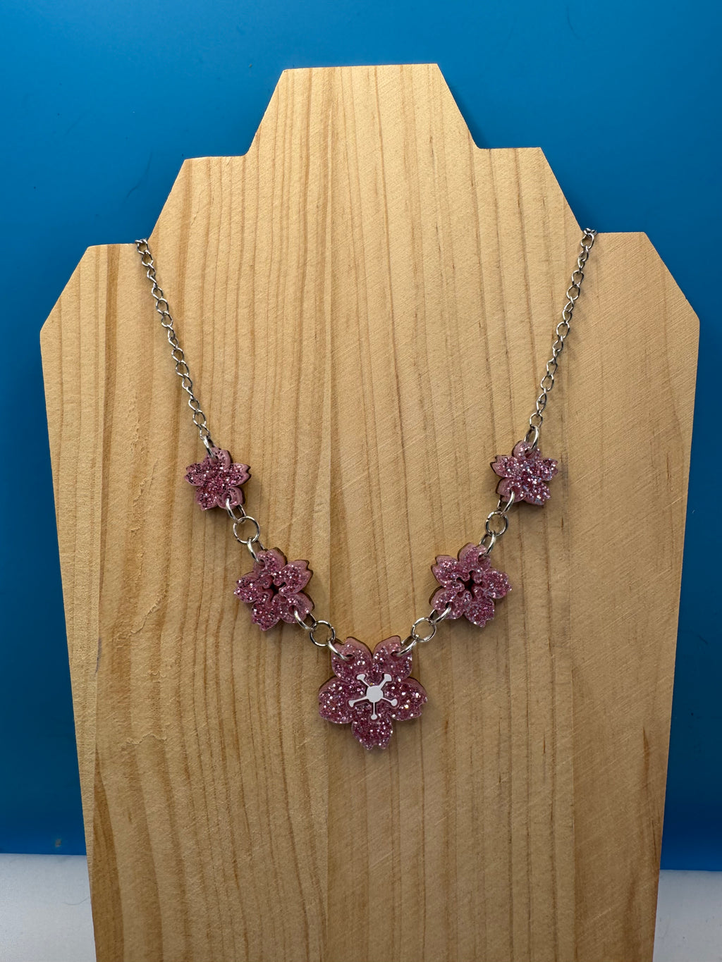 Cherry Blossom - hand drawn, laser cut, glitter acrylic necklace