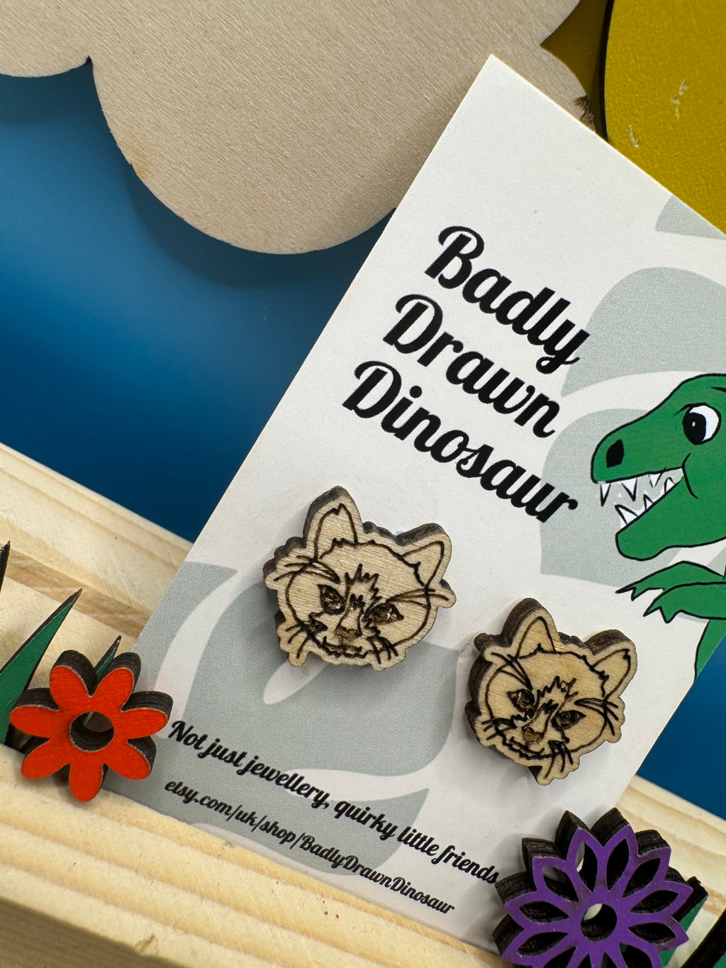 Frank the Cat - hand drawn, laser cut, wood stud earrings
