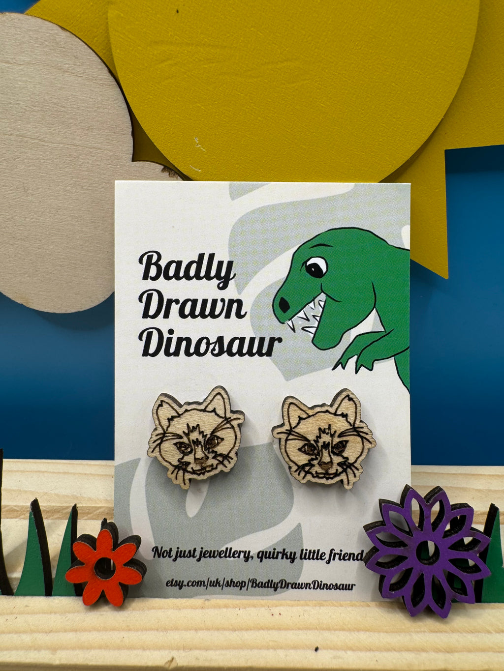 Frank the Cat - hand drawn, laser cut, wood stud earrings