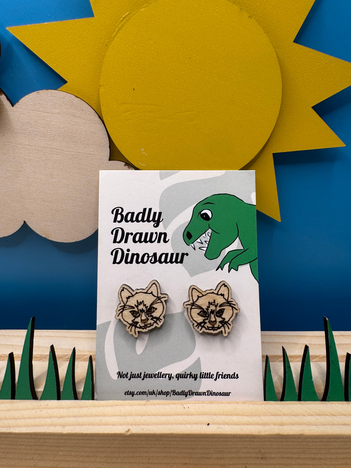 Frank the Cat - hand drawn, laser cut, wood stud earrings