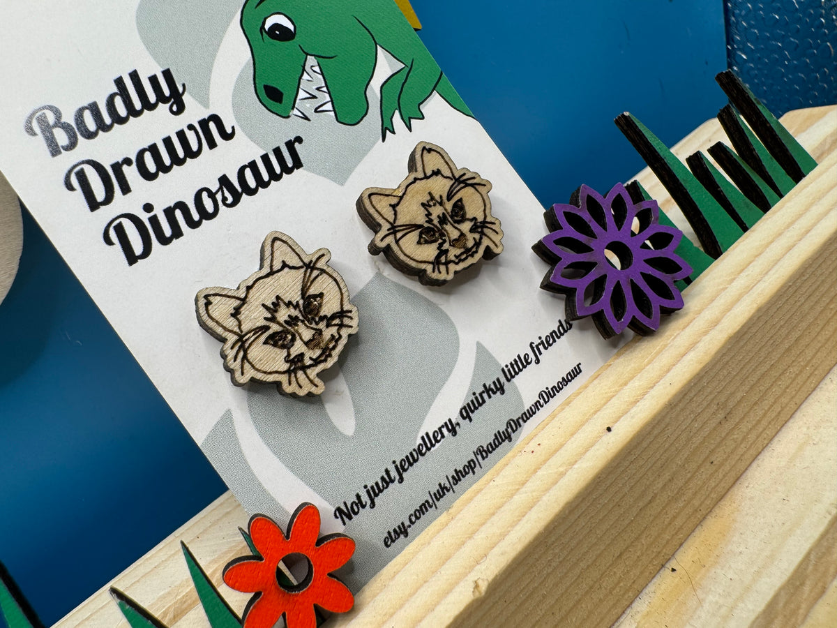 Frank the Cat - hand drawn, laser cut, wood stud earrings