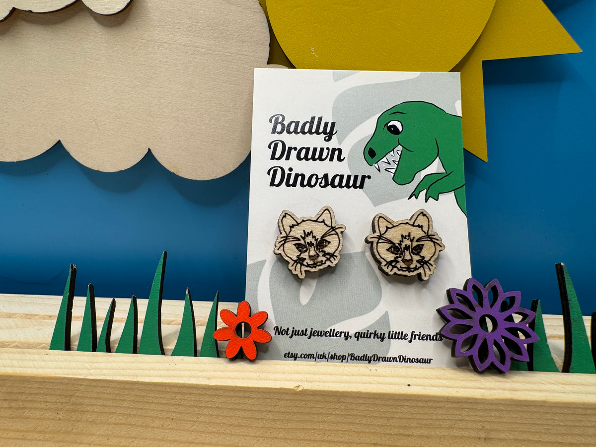 Frank the Cat - hand drawn, laser cut, wood stud earrings