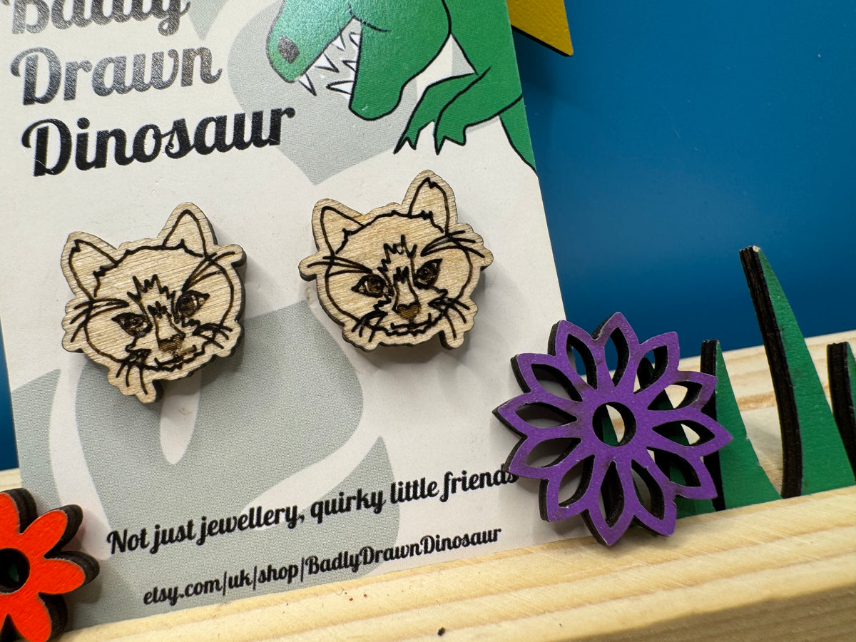 Frank the Cat - hand drawn, laser cut, wood stud earrings