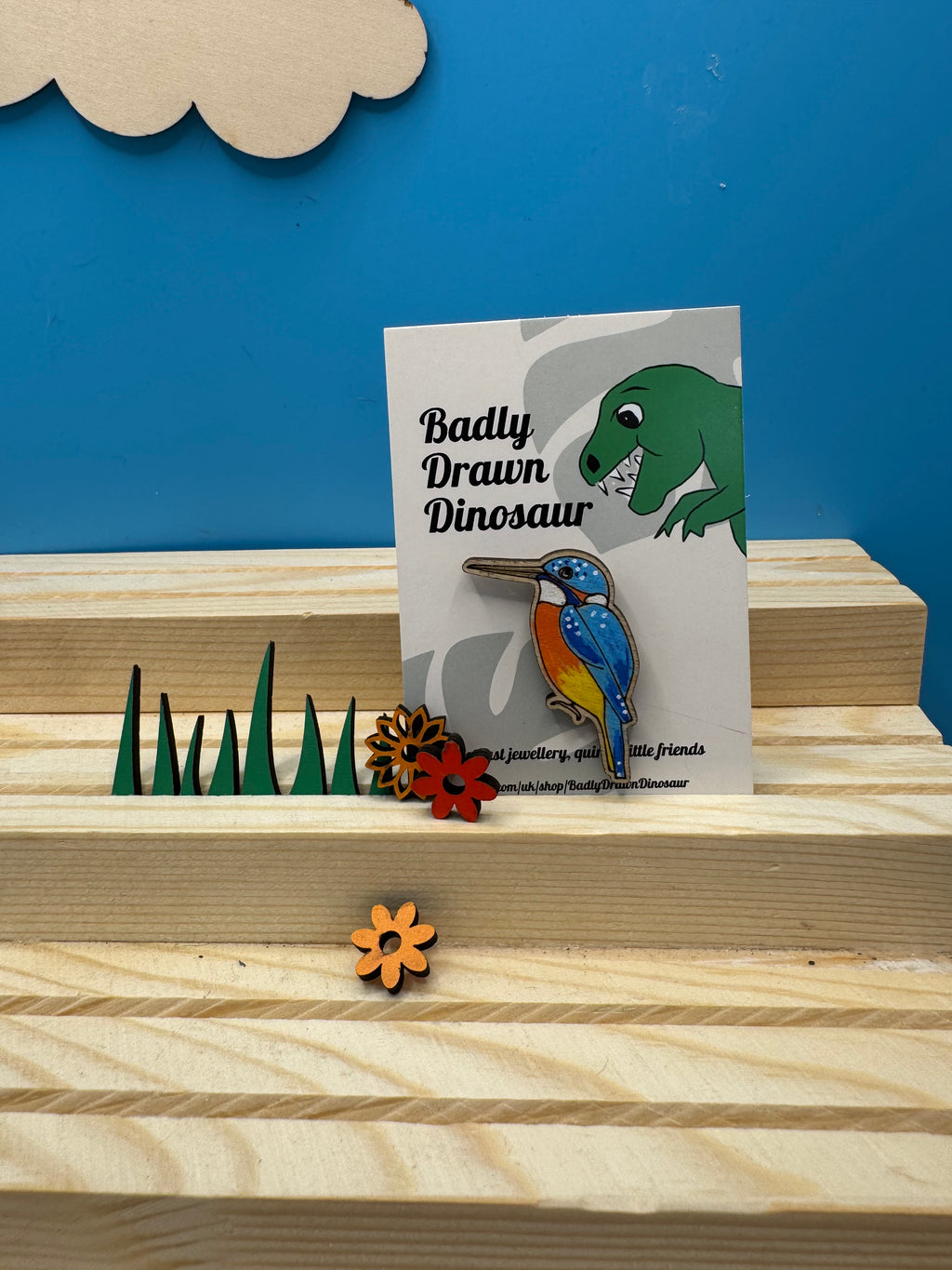 Larry the Kingfisher - hand drawn, laser cut, pin badge