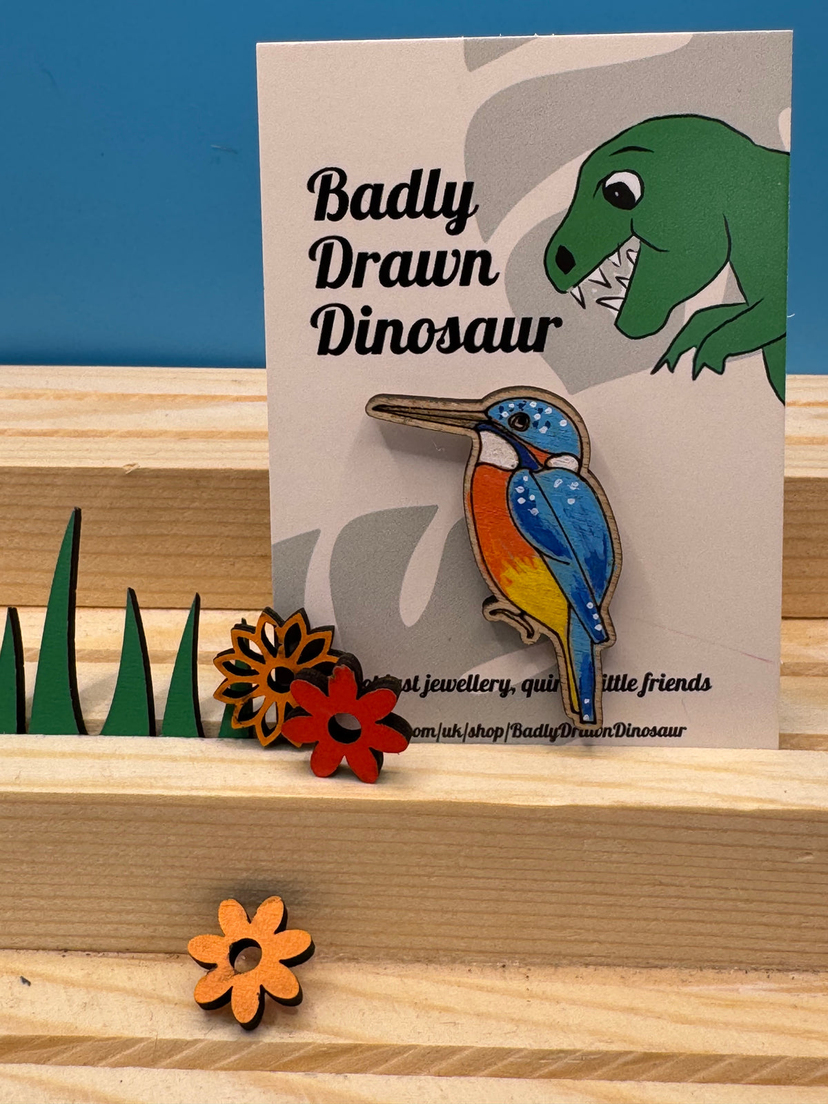 Larry the Kingfisher - hand drawn, laser cut, pin badge