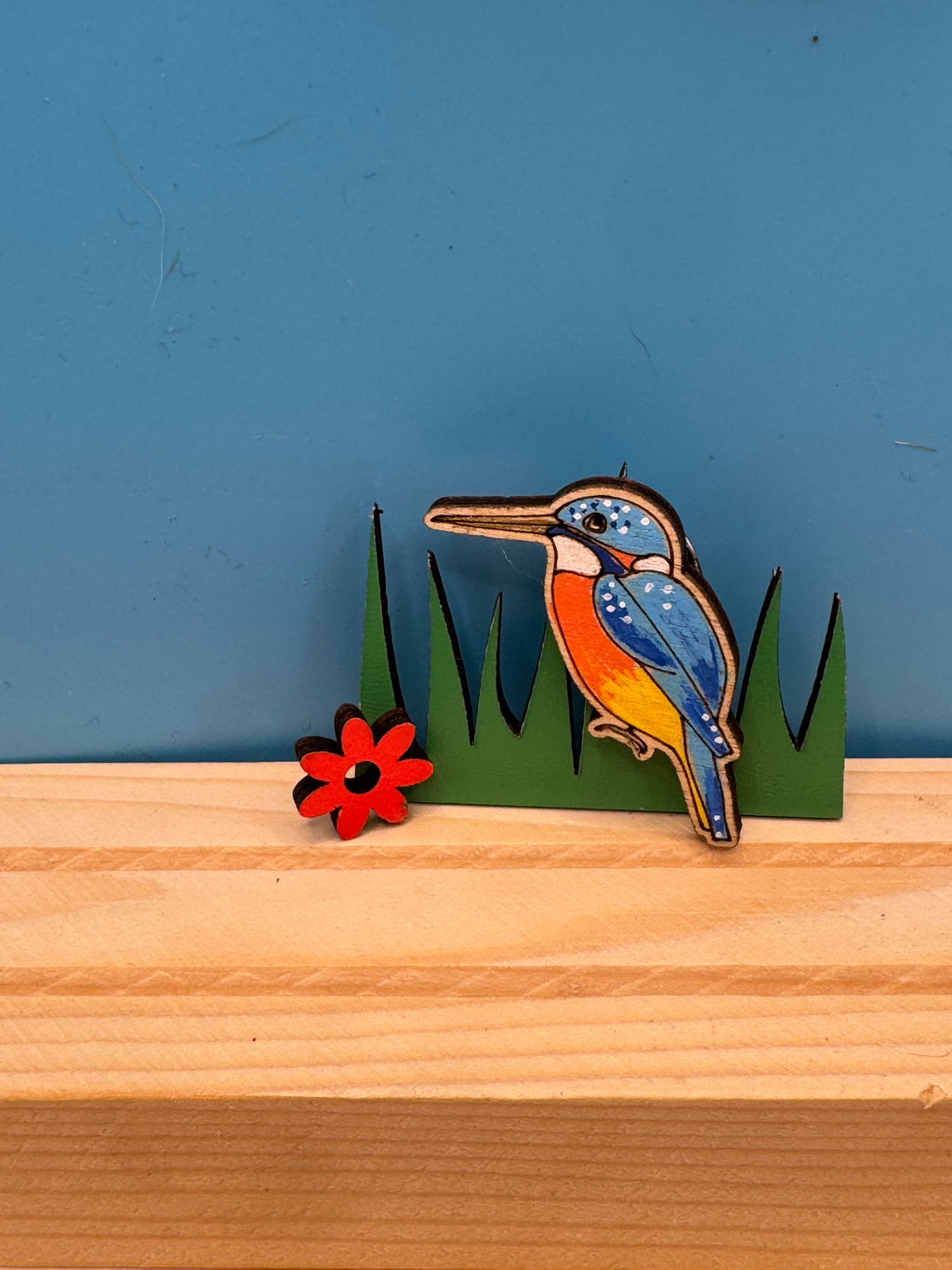 Larry the Kingfisher - hand drawn, laser cut, pin badge