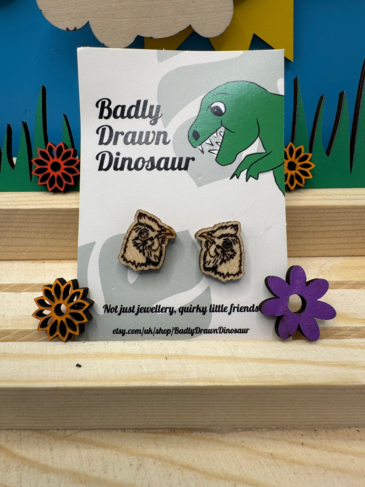 Mildred the Chicken - hand drawn, laser cut, wood stud earrings