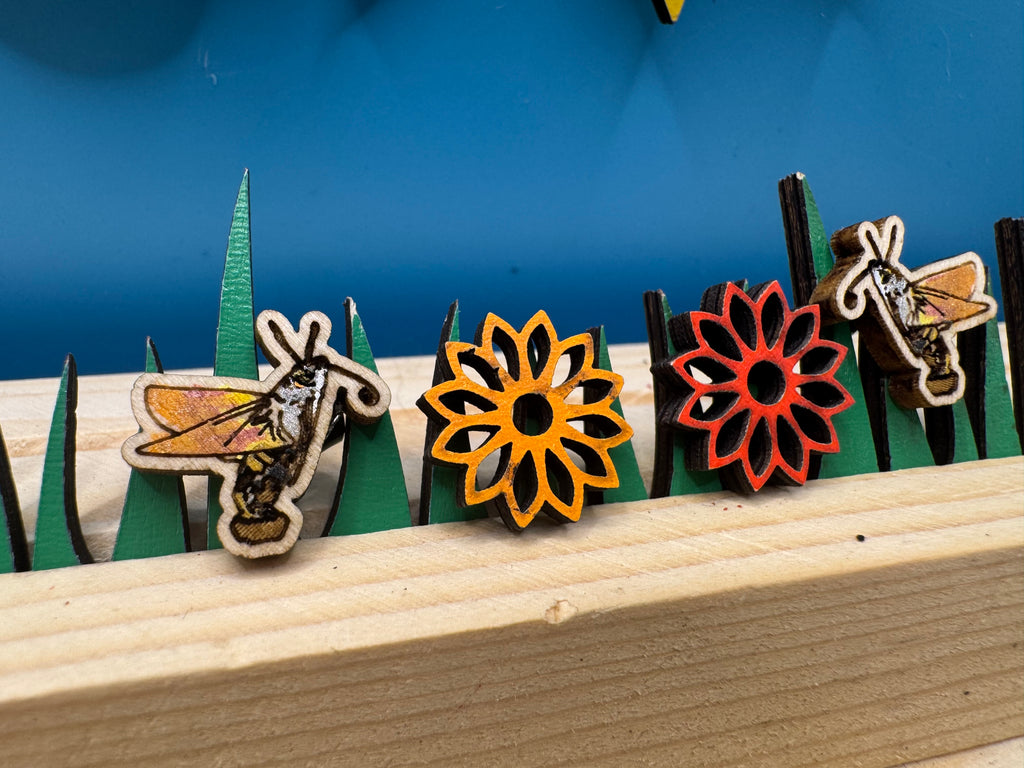 Hilary the Hummingbird Hawk Moth - hand drawn, laser cut, wood stud earrings