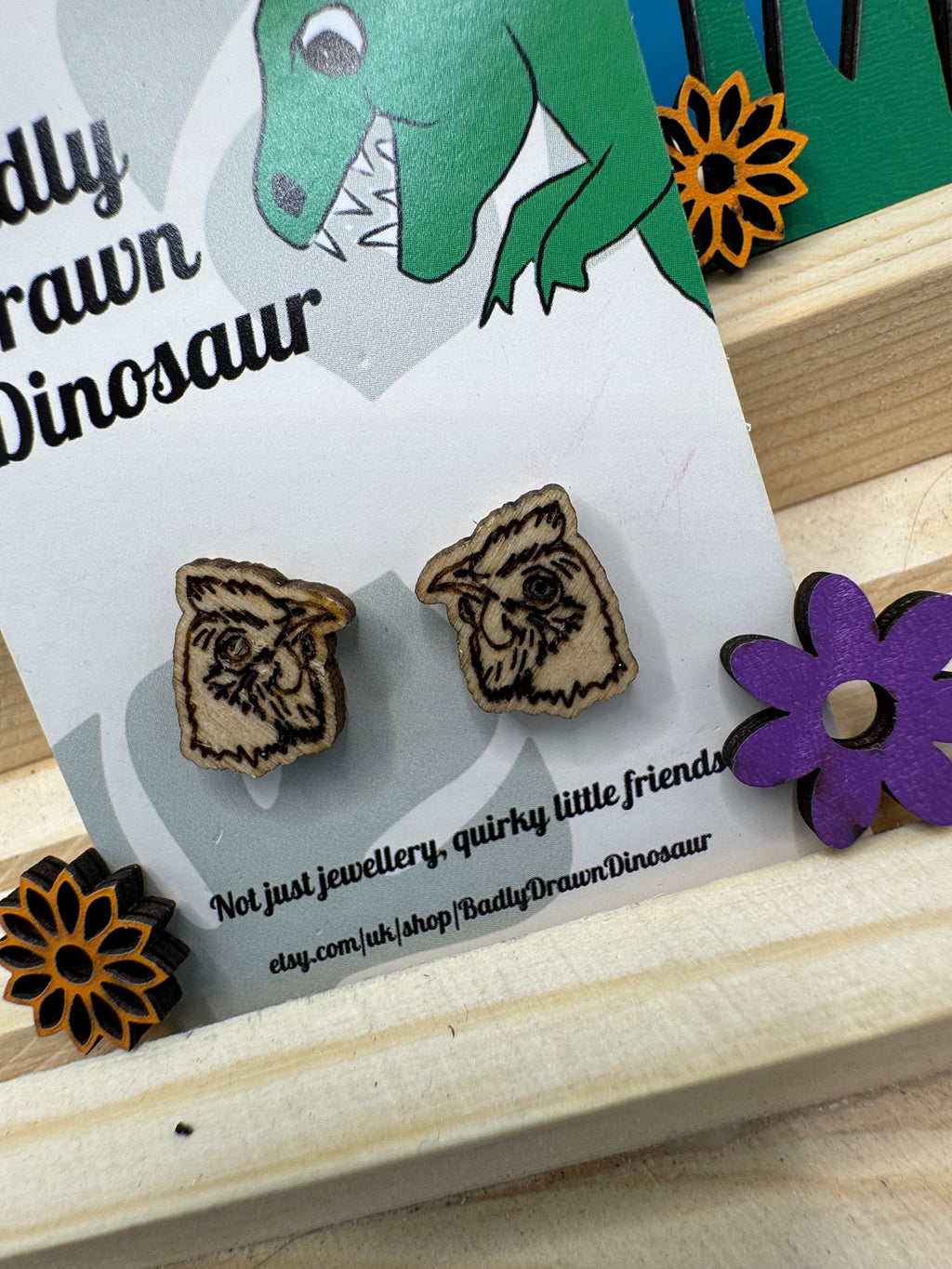 Mildred the Chicken - hand drawn, laser cut, wood stud earrings
