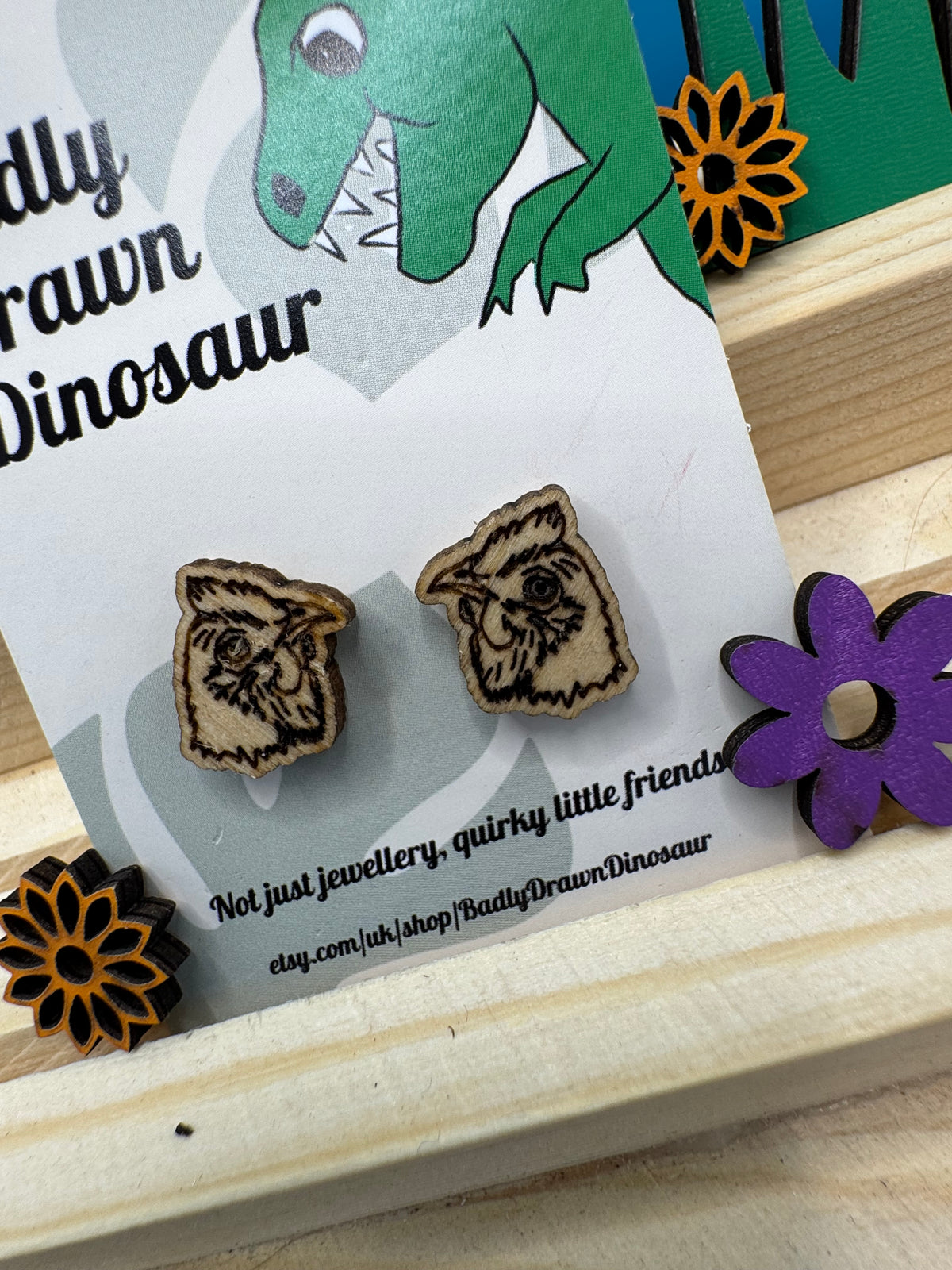 Mildred the Chicken - hand drawn, laser cut, wood stud earrings