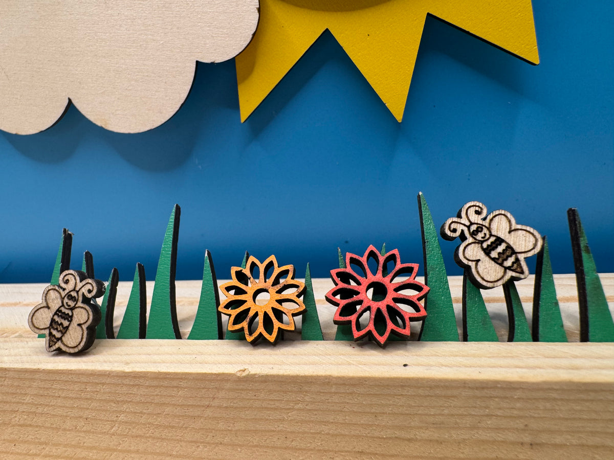 Ste the Bee - hand drawn, laser cut, wood stud earrings