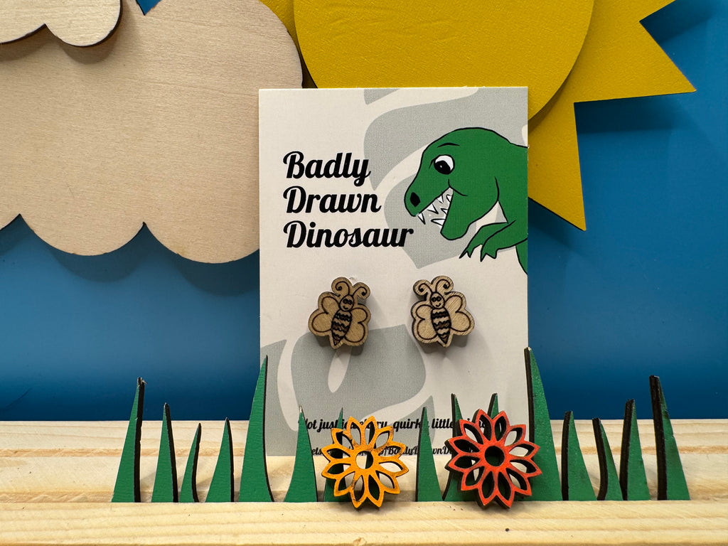 Ste the Bee - hand drawn, laser cut, wood stud earrings
