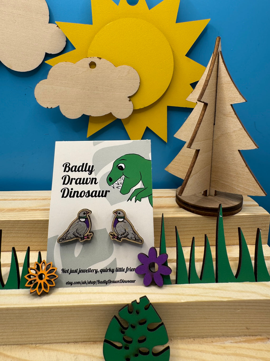 Jimmy the Pidge - hand drawn, laser cut, wood stud earrings