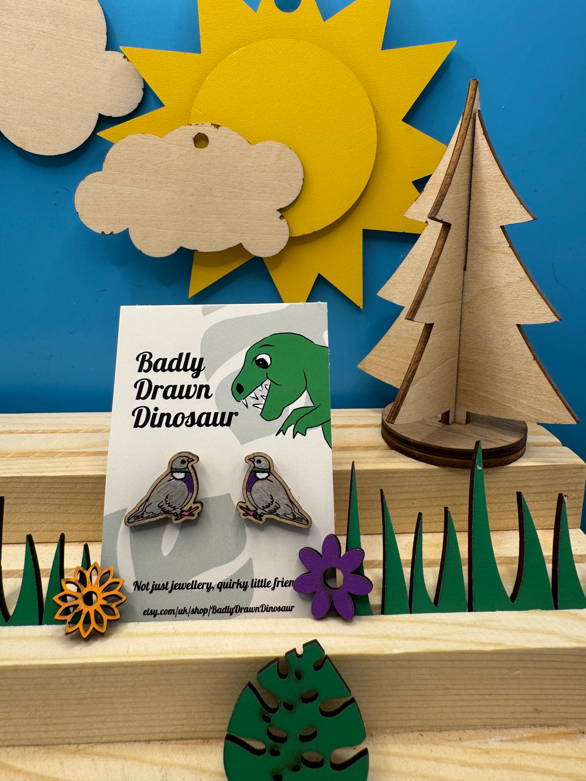 Jimmy the Pidge - hand drawn, laser cut, wood stud earrings